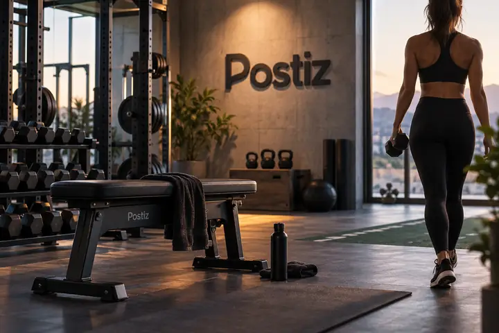 Équipement de sport moderne dans un studio à l’éclairage doux, composé comme un visuel soigné pour une campagne sur les réseaux sociaux.