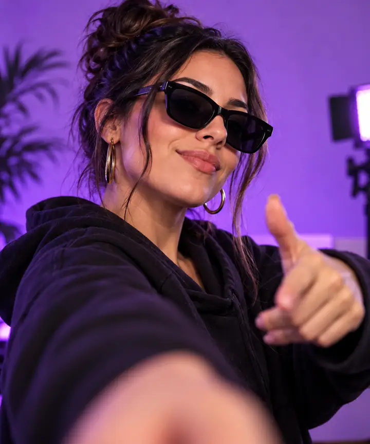 Jeune créatrice à l’allure assurée portant des lunettes de soleil sombres, photographiée en gros plan devant un fond de studio violet, dans le style d’une couverture de vidéo dynamique pour les réseaux sociaux.