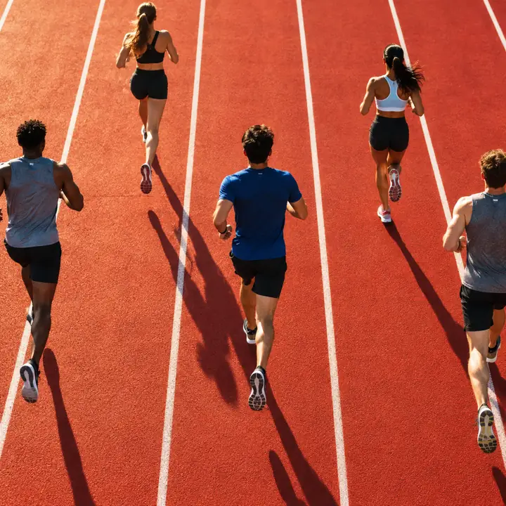 Pistes d’athlétisme rouges baignées de soleil, vues d’en haut, avec une composition épurée et graphique pour une publication motivante.