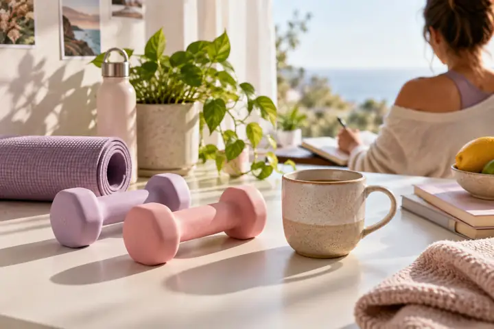 Poids de fitness aux couleurs pastel et tasse en céramique disposés sur une table lumineuse pour une campagne bien-être apaisante.