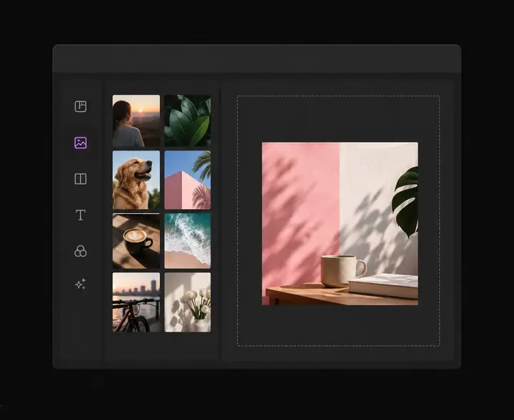 Interface de création visuelle de Postiz présentant une zone de travail et une collection de photographies