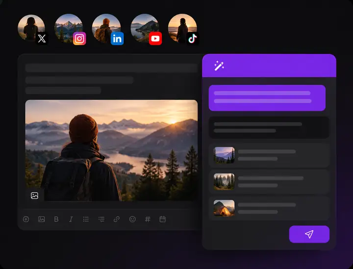 Espace de rédaction de Postiz avec un assistant de création de contenu par IA à côté d’un brouillon